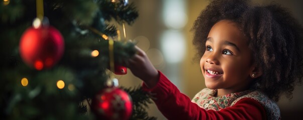 Young African American girl decorating a Christmas tree, concept of celebrating the holidays