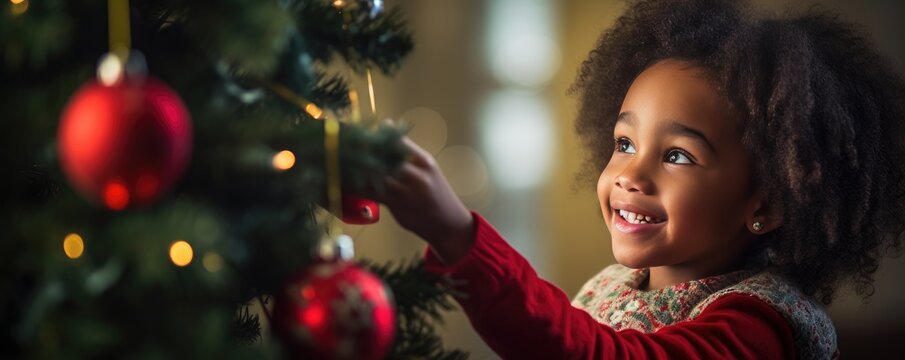 Young African American Girl Decorating A Christmas Tree, Concept Of Celebrating The Holidays