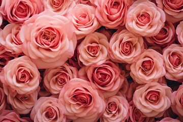 Naklejka premium Light pink beautiful roses pattern. Wedding decoration background. Backdrop for greeting card, banner for valentine day and women day