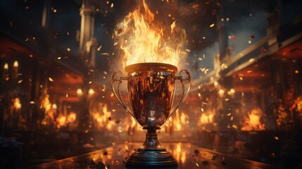 Grand ceremony of achievement and triumph: shiny trophy on reflective table