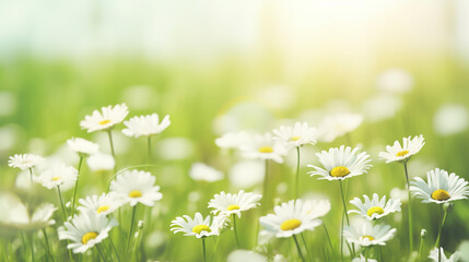 Green grass and chamomile in the meadow. Spring or summer nature scene with blooming white daisies in sun glare. Soft focus. pastel colored with copy space