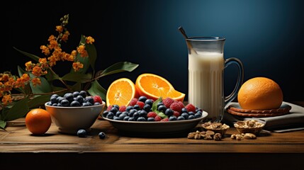 A table topped with a bowl of fruit and a pitcher of milk