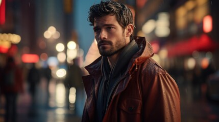 Fototapeta premium A young adult man with beard in urban city street at night