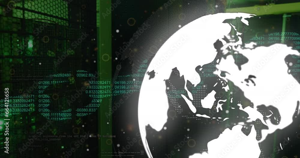 Poster animation of security chain icon over spinning globe and data processing against server room