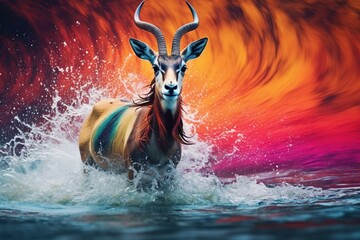 Colorful antelope splashing in water. Generative AI - obrazy, fototapety, plakaty