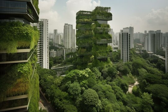 Urban metropolis thrives on lush, verdant world. Generative AI