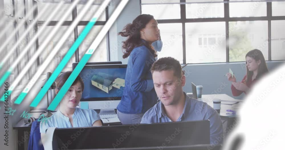 Poster animation of statistical data processing against diverse man and woman discussing at office