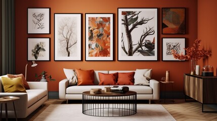 An artistic gallery wall in a living room, featuring autumn-inspired artwork and decor, the HD camera capturing the curated collection in a visually stunning focal point.