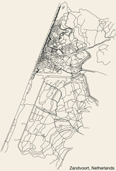 Detailed hand-drawn navigational urban street roads map of the Dutch city of ZANDVOORT, NETHERLANDS with solid road lines and name tag on vintage background