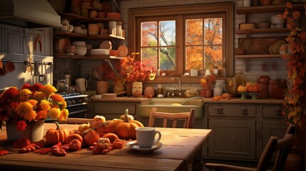 An inviting kitchen with rich wooden accents, autumn-themed table settings, and the HD camera capturing the warmth of a fall harvest atmosphere.