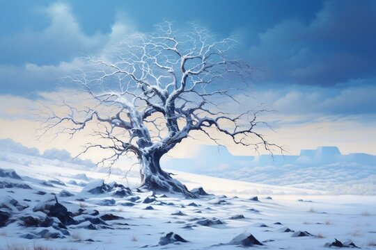 A winter landscape depicting a barren tree with luminous snow, created through digital painting. Generative AI