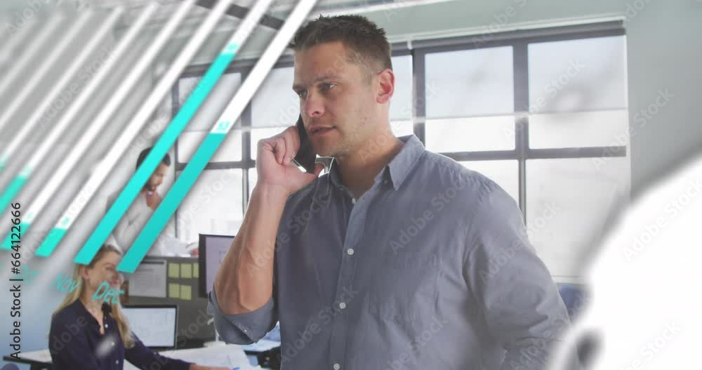 Aufkleber animation of statistical data processing against caucasian man talking on smartphone at office