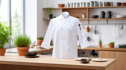 Fototapeta na wymiar white chef uniform with black buttons in the kitchen generativa IA