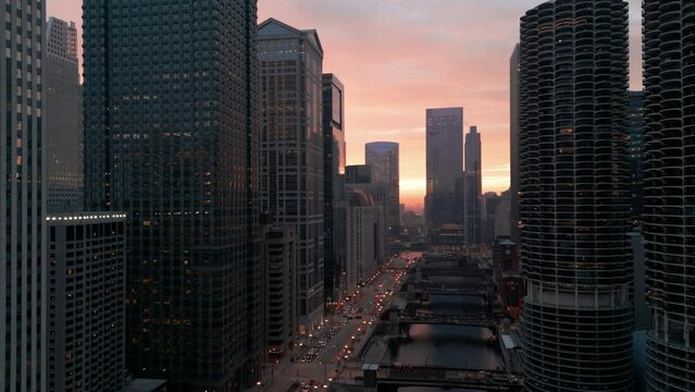 Drone wide shot of Downtown Chicago street in the sunset time. Wide footage
