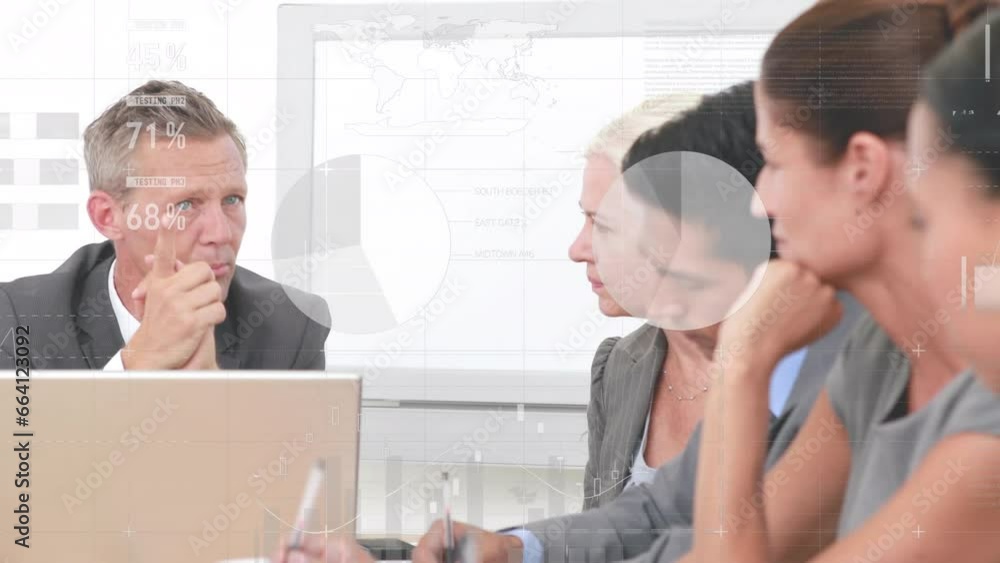 Poster animation of statistical data processing over diverse businesspeople discussing together at office