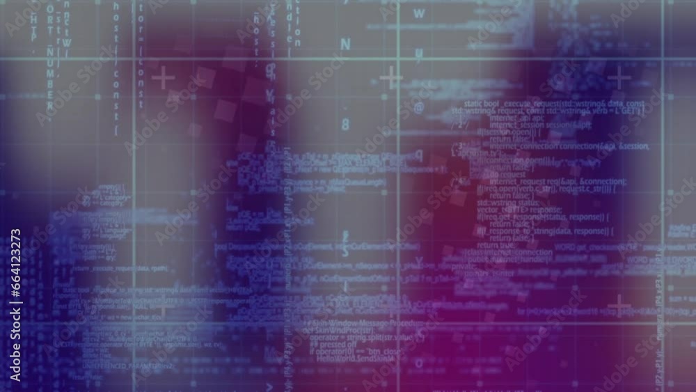 Poster animation of data processing over grid network against purple gradient background