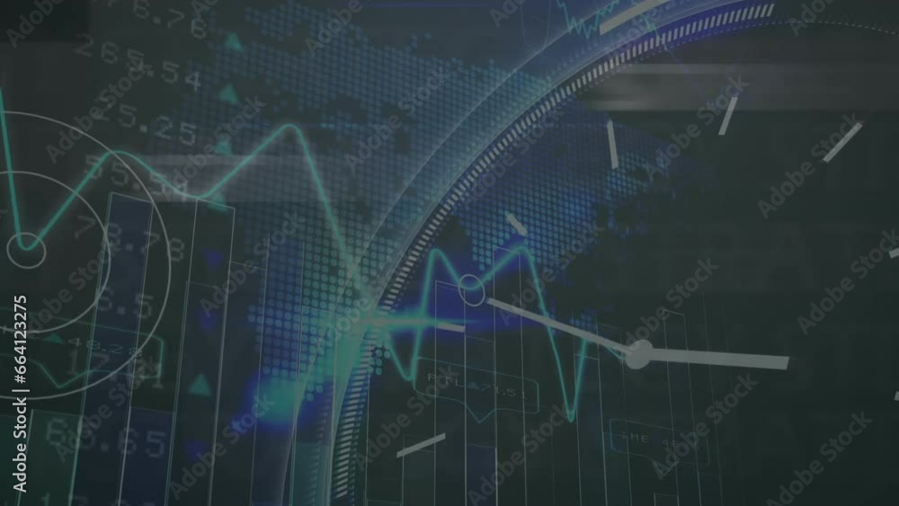 Poster animation of strategy text banner over ticking clock, statistical and stock market data processing