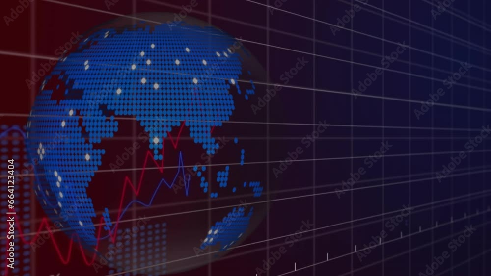 Poster animation of statistical data processing over spinning globe against purple gradient background