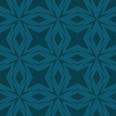 Abstract geometric seamless pattern. Subtle ornament with grid, lines, stars, flower silhouettes, repeat tiles. Simple dark teal color geo texture. Modern geometrical background. Vector design