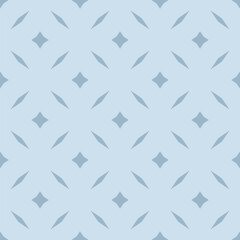 Vector abstract floral seamless pattern. Simple background in light blue color. Subtle geometric leaf ornament. Elegant graphic texture with diamond shapes, stars, grid. Minimalist repeated geo design