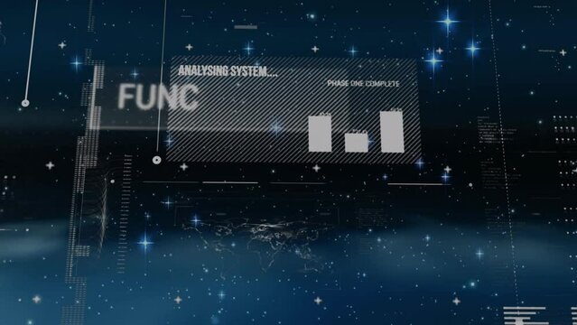 Animation of interface with data processing against shining stars in space