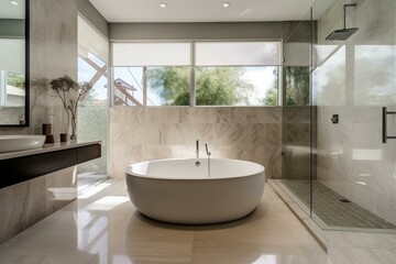 Fototapeta na wymiar Contemporary bathroom with sleek bathtub. Generative AI