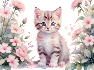 Tender kitten with flowers