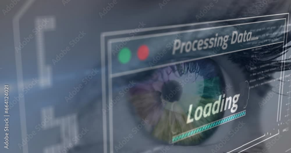 Poster animation of interface with data processing against close up of a female eye