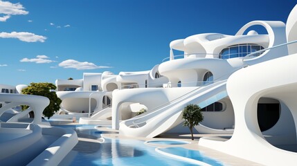 Abstract architecture background. 3d render of modern architecture with blue sky. 3D render of white architecture in Santorini island, Greece