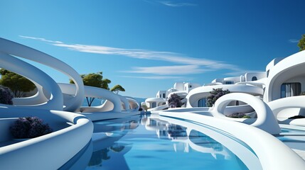 Obraz premium Abstract architecture background. 3d render of modern architecture with blue sky. 3D render of white architecture in Santorini island, Greece