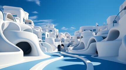 Abstract architecture background. 3d render of modern architecture with blue sky. 3D render of white architecture in Santorini island, Greece - obrazy, fototapety, plakaty