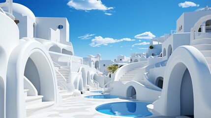 Abstract architecture background. 3d render of modern architecture with blue sky. 3D render of white architecture in Santorini island, Greece - obrazy, fototapety, plakaty