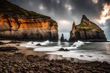 sunset on the beach, A rugged, windswept beach nestles at the base of towering, weathered cliffs, forming a natural bay