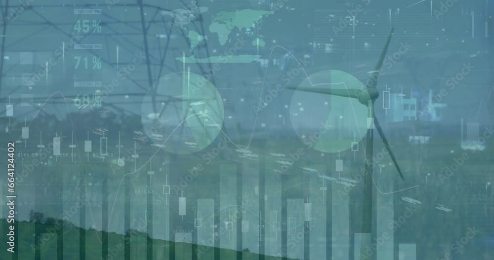 Poster animation of statistical data processing against spinning windmill and network tower