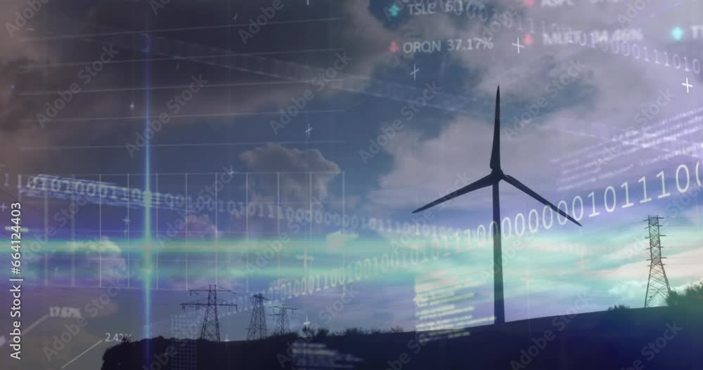Poster animation of statistical and stock market data processing against spinning windmill