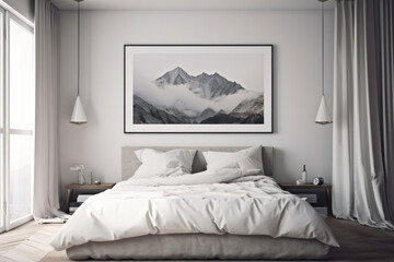 A Scandinavian bedroom with a mockup poster frame on a white wall, complemented by cozy bedding and greenery. The ambiance is peaceful and serene. This mockup is AI generative.