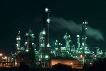 A sprawling petrochemical plant with billowing smokestacks illuminated in darkness. Generative AI