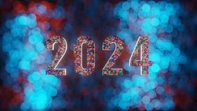 2024 New Year Text display, Glitch Effect and Bokeh Background, 3D rendering