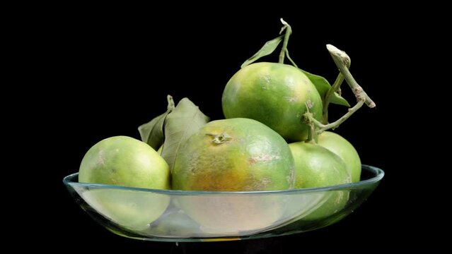 Green Tangerine in a glass bowl. They rotate on a black background, looped video, isolated.