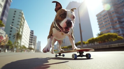 Pit bull dog skating in a sunny day in the city - obrazy, fototapety, plakaty