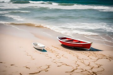 red boat on the beach, A serene scene by the tranquil shore, where a pristine white and red boat rests on the sandy beach during a sun-drenched daytime