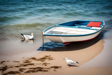 boat on the sea, A serene scene by the tranquil shore, where a pristine white and red boat rests on the sandy beach during a sun-drenched daytime