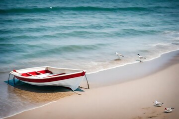 boat on the beach, A serene scene by the tranquil shore, where a pristine white and red boat rests on the sandy beach during a sun-drenched daytime
