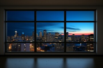 Fototapeta na wymiar Night-time view of an empty room with a high-rise window showcasing downtown Seattle's beautiful cityscape and skyline. Generative AI