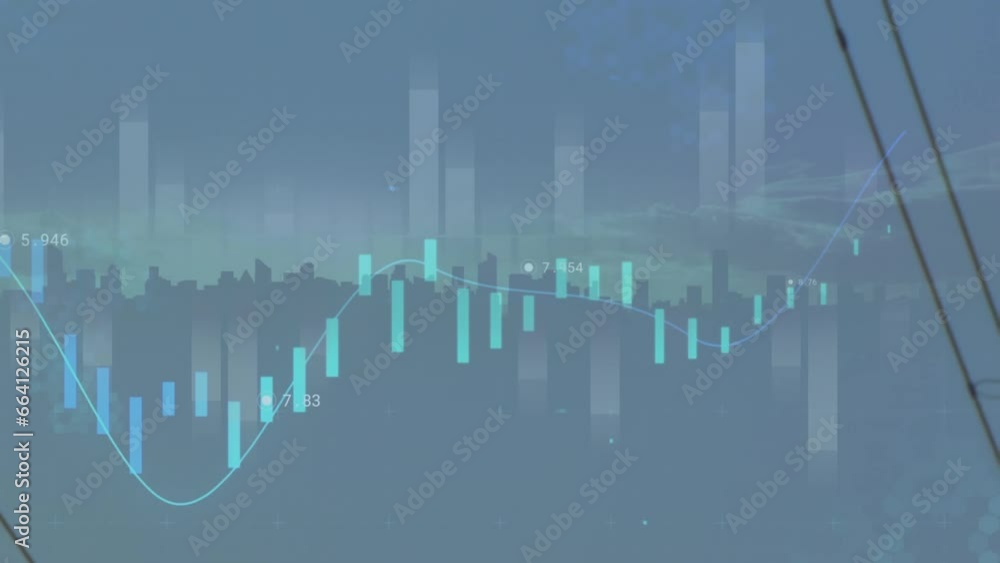 Poster animation of graphs over low angle view of wires and transmission tower against abstract background