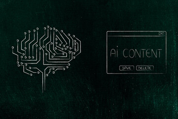 AI content pop-up message and microchip brain, artificial intelligence and deep learning,