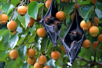 Bats hanging on tree with fruits. Generative AI