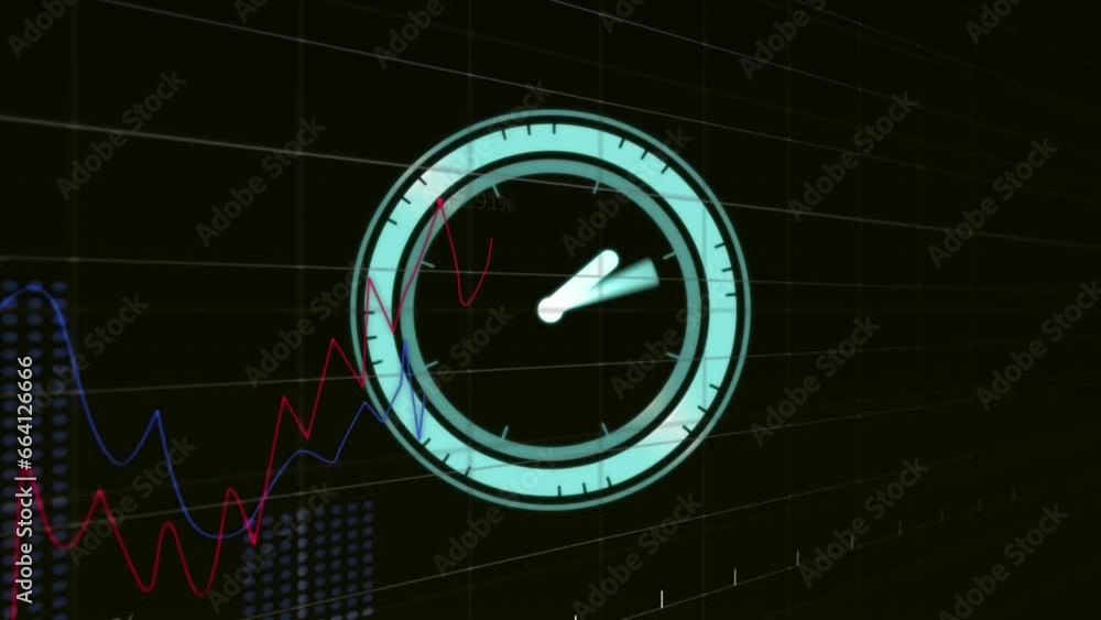 Poster animation of digital clock and multiple graphs with changing numbers over black background