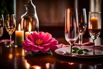 glasses of champagne and roses, A solitary pink petaled flower on the table, bathed in the soft glow of a candlelit dinner