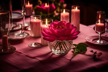 dinner table setting, A solitary pink petaled flower on the table, bathed in the soft glow of a candlelit dinner